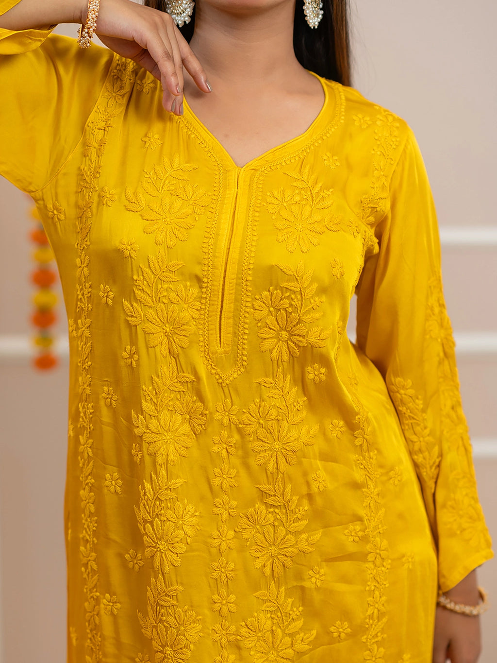 Yellow Noor-E-Bahaar Satin Modal Chikankari Kurta Set