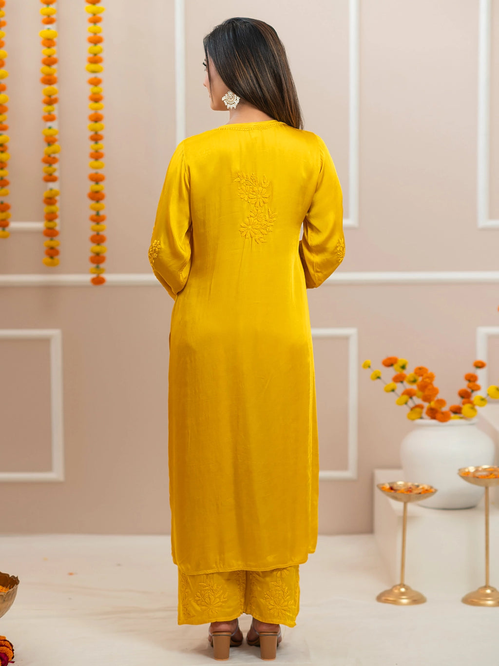Yellow Noor-E-Bahaar Satin Modal Chikankari Kurta Set