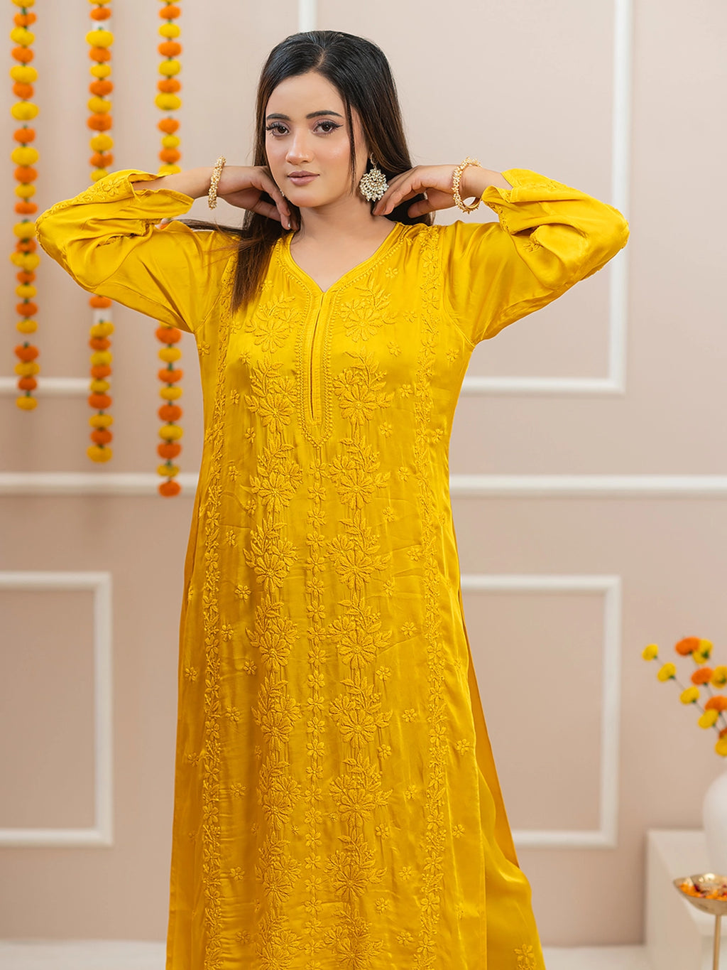 Yellow Noor-E-Bahaar Satin Modal Chikankari Kurta Set