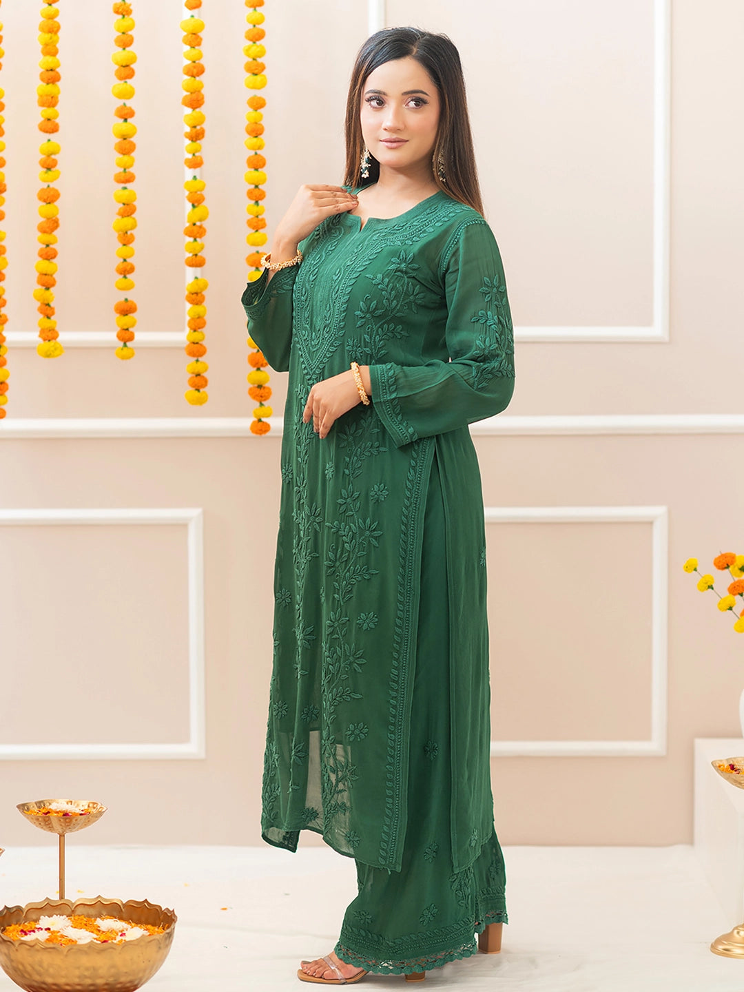 Green Noor-E-Chikan Viscose Chikankari Kurta Set