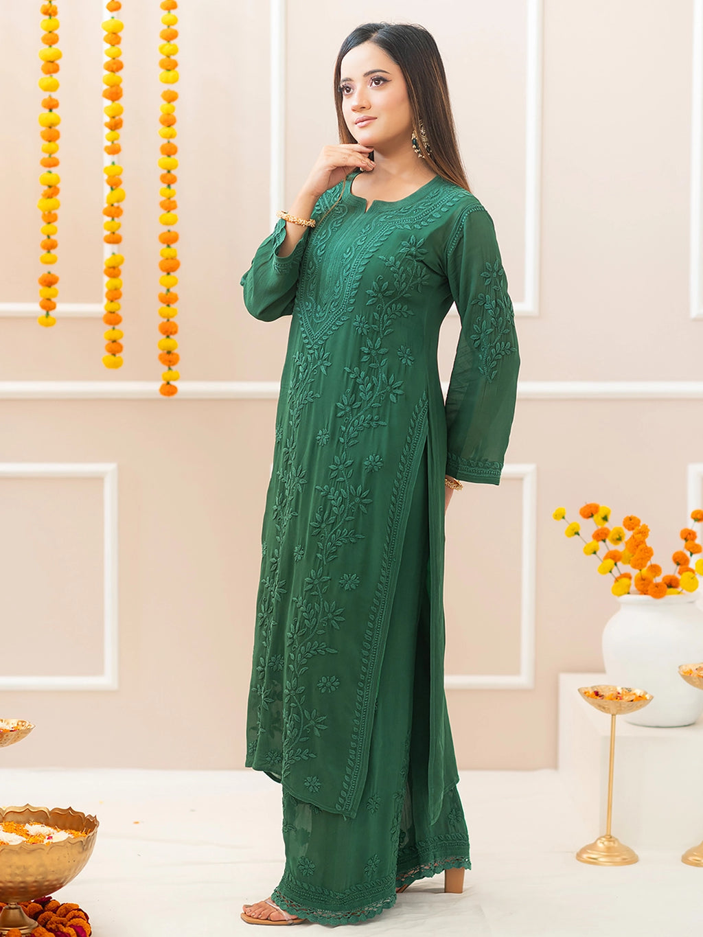 Green Noor-E-Chikan Viscose Chikankari Kurta Set
