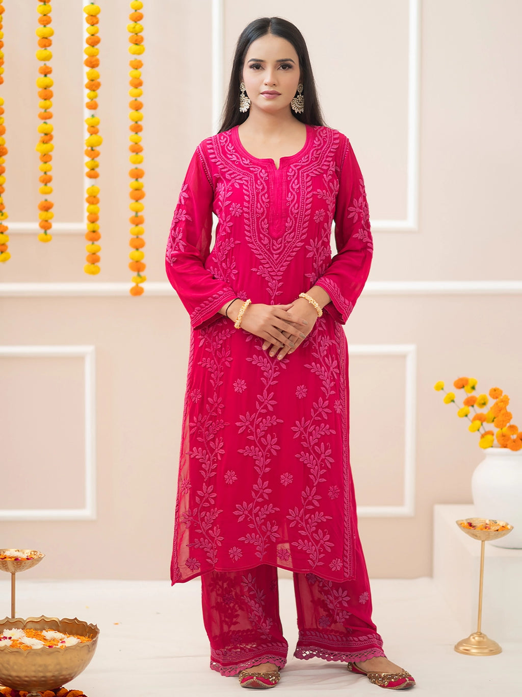 Hot Pink Noor-E-Chikan Viscose Chikankari Kurta Set