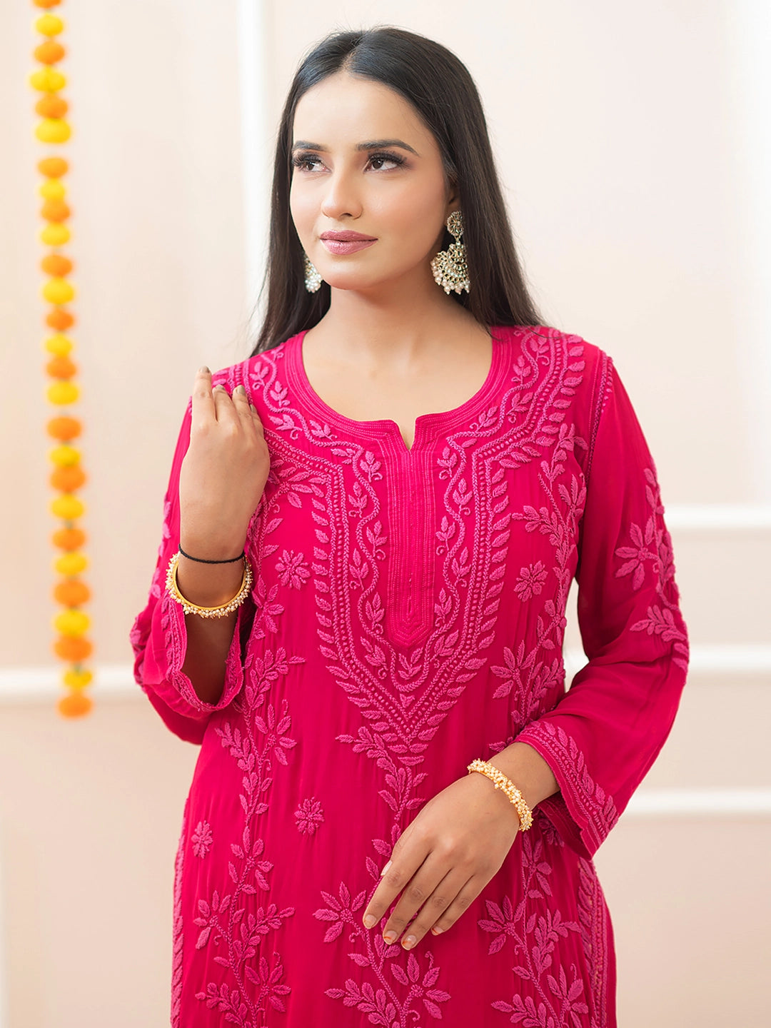 Hot Pink Noor-E-Chikan Viscose Chikankari Kurta Set