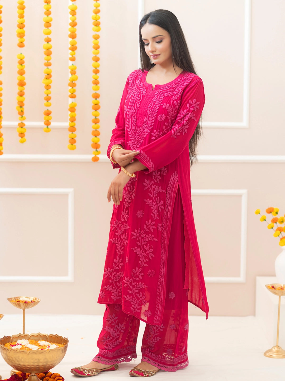 Hot Pink Noor-E-Chikan Viscose Chikankari Kurta Set