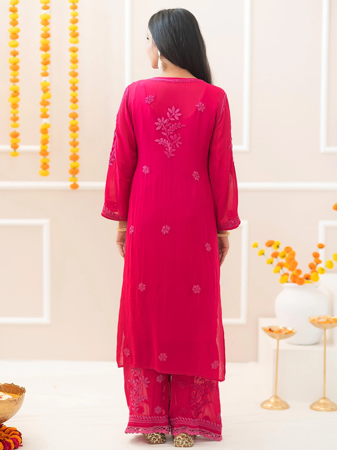 Hot Pink Noor-E-Chikan Viscose Chikankari Kurta Set