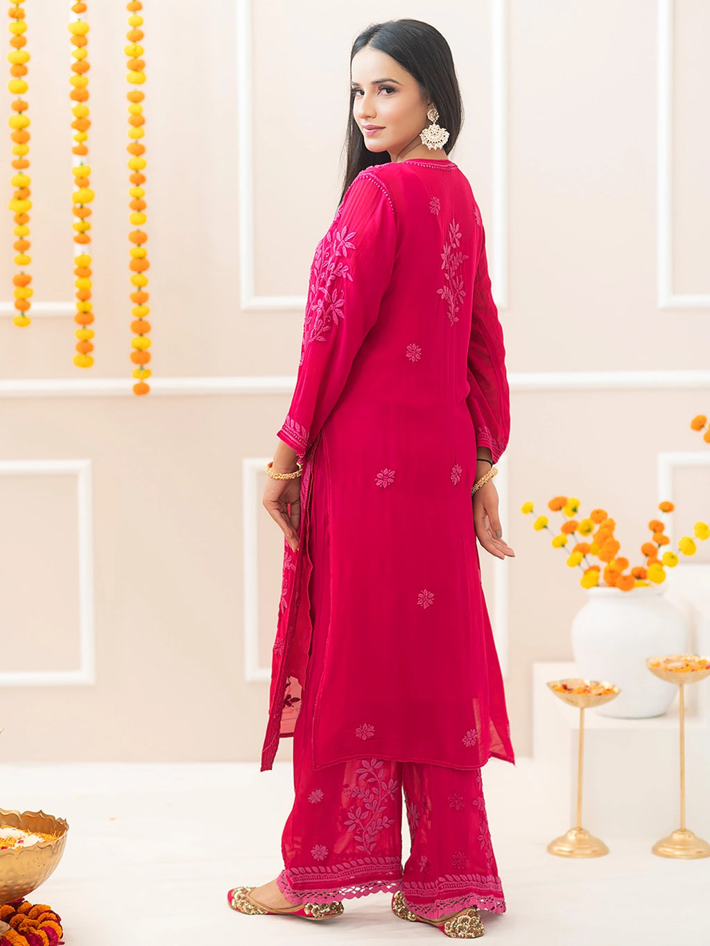 Hot Pink Noor-E-Chikan Viscose Chikankari Kurta Set