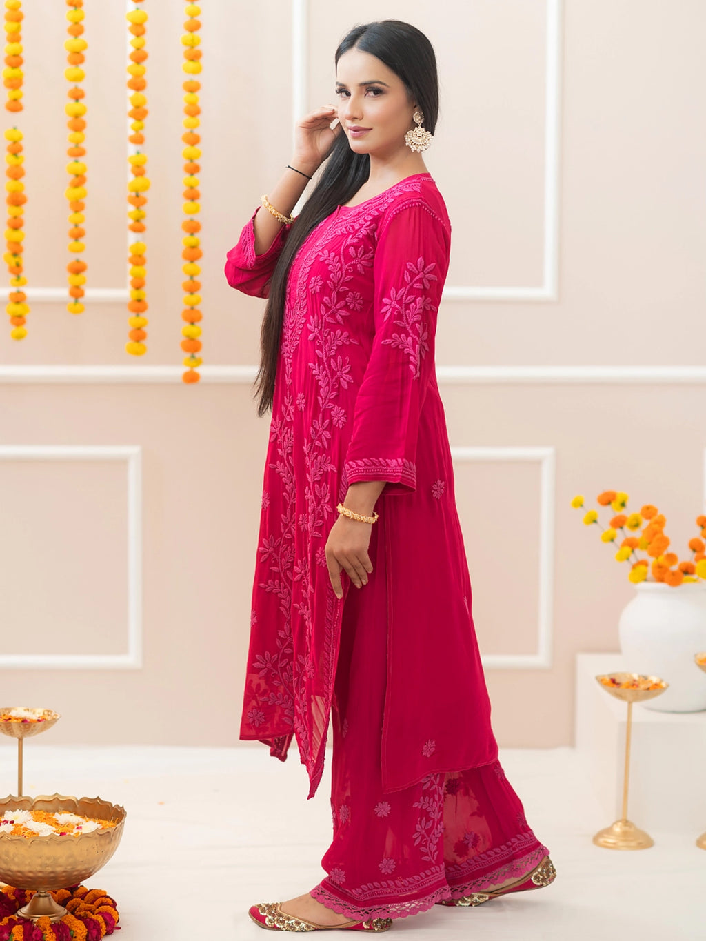 Hot Pink Noor-E-Chikan Viscose Chikankari Kurta Set