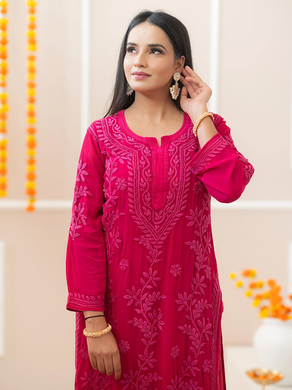 Hot Pink Noor-E-Chikan Viscose Chikankari Kurta Set