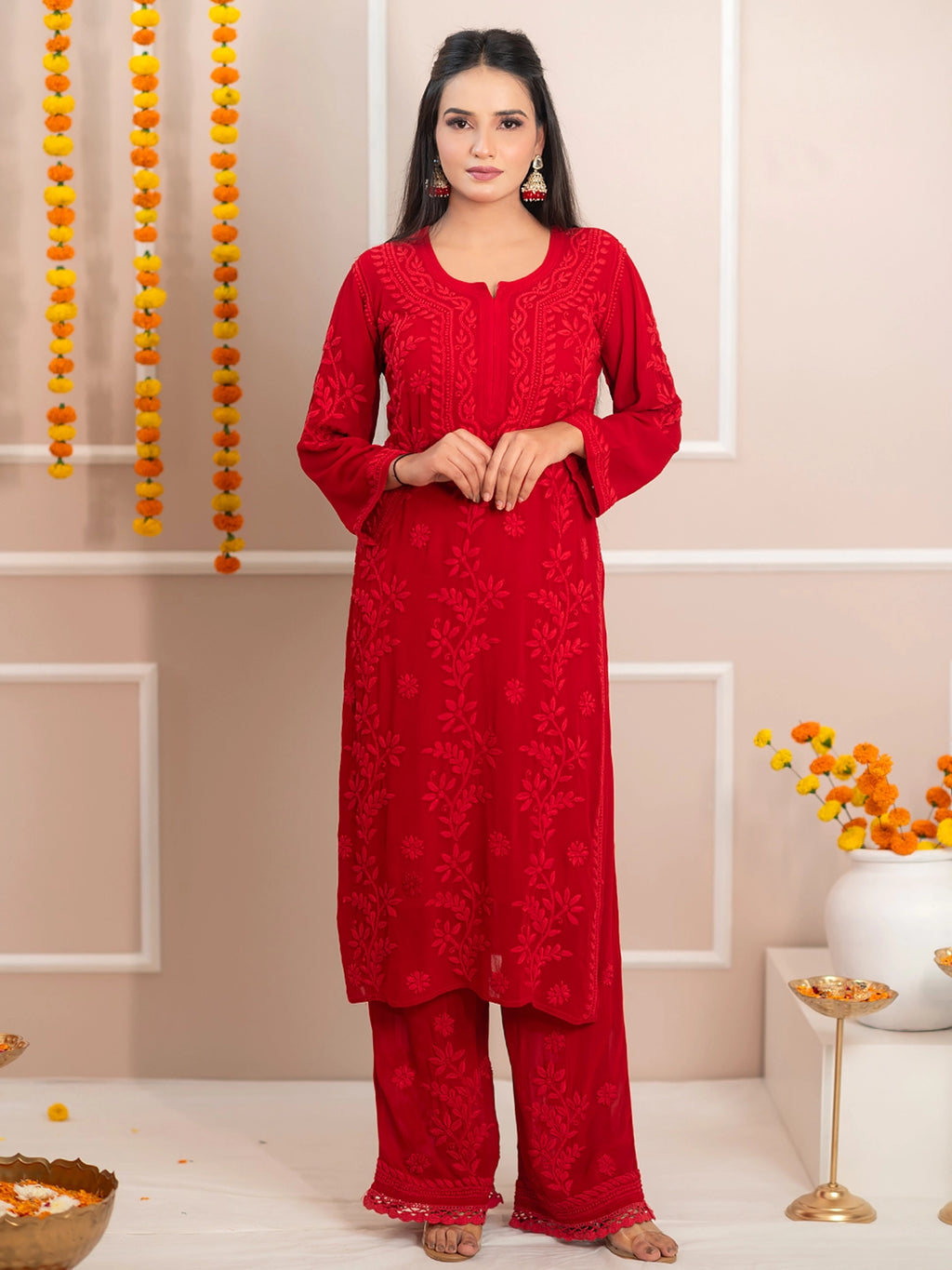 Red Noor-E-Chikan Viscose Chikankari Kurta Set