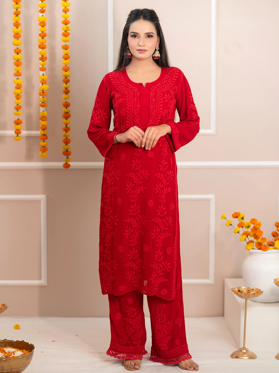 Red Noor-E-Chikan Viscose Chikankari Kurta Set
