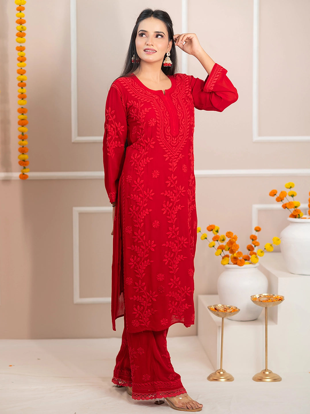 Red Noor-E-Chikan Viscose Chikankari Kurta Set