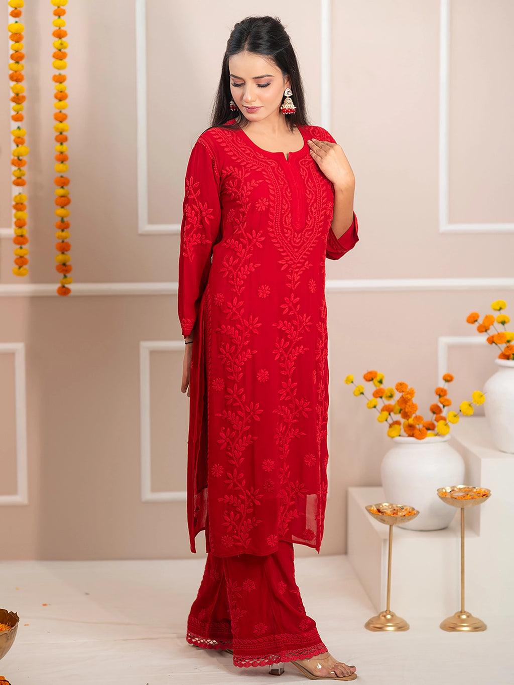Red Noor-E-Chikan Viscose Chikankari Kurta Set