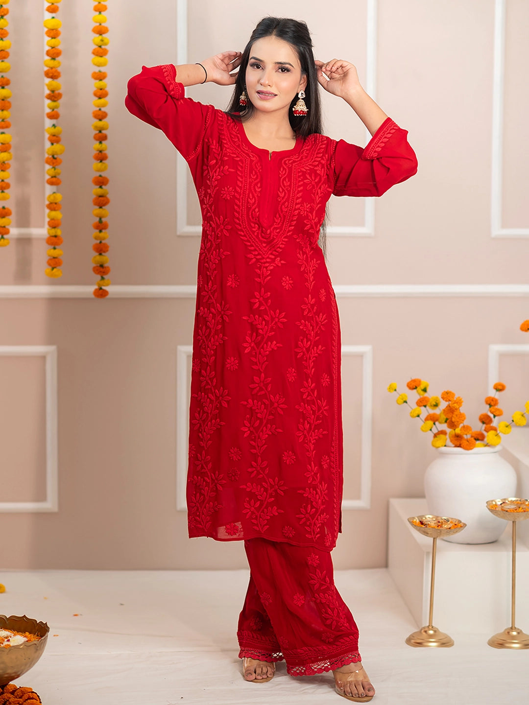 Red Noor-E-Chikan Viscose Chikankari Kurta Set