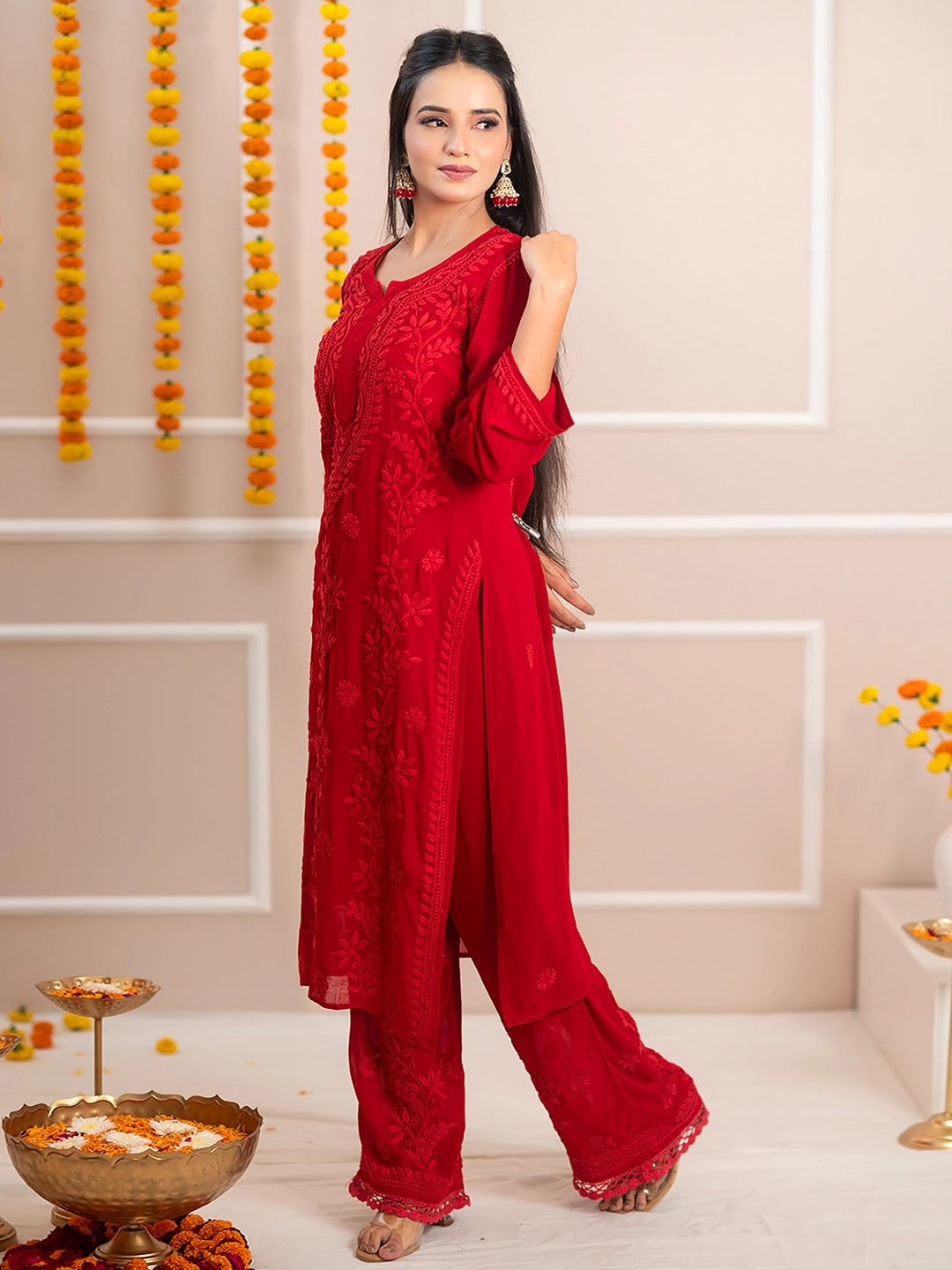 Red Noor-E-Chikan Viscose Chikankari Kurta Set
