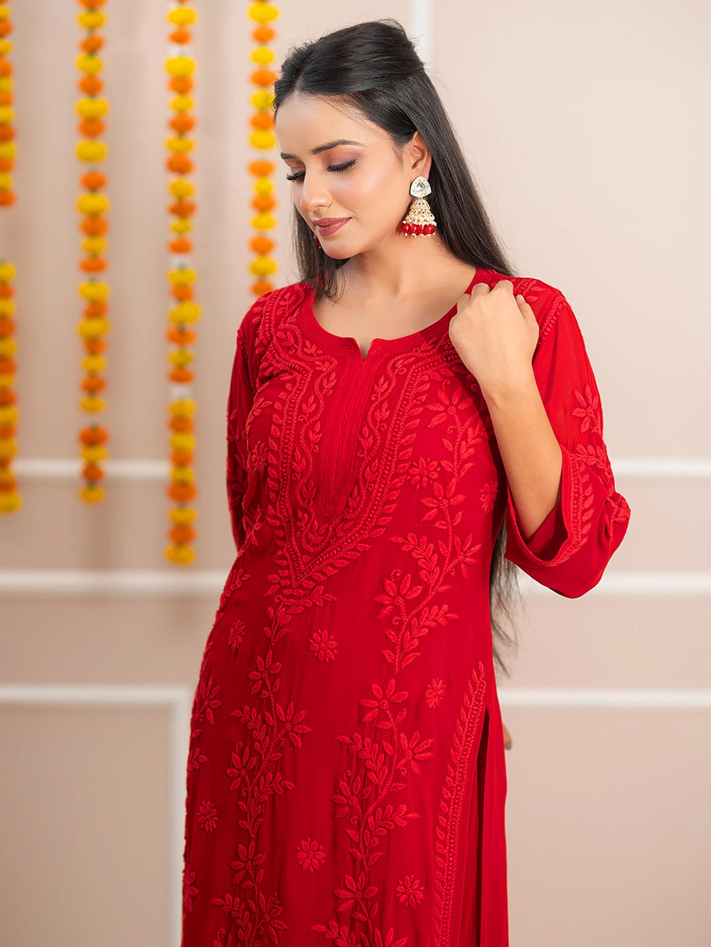 Red Noor-E-Chikan Viscose Chikankari Kurta Set