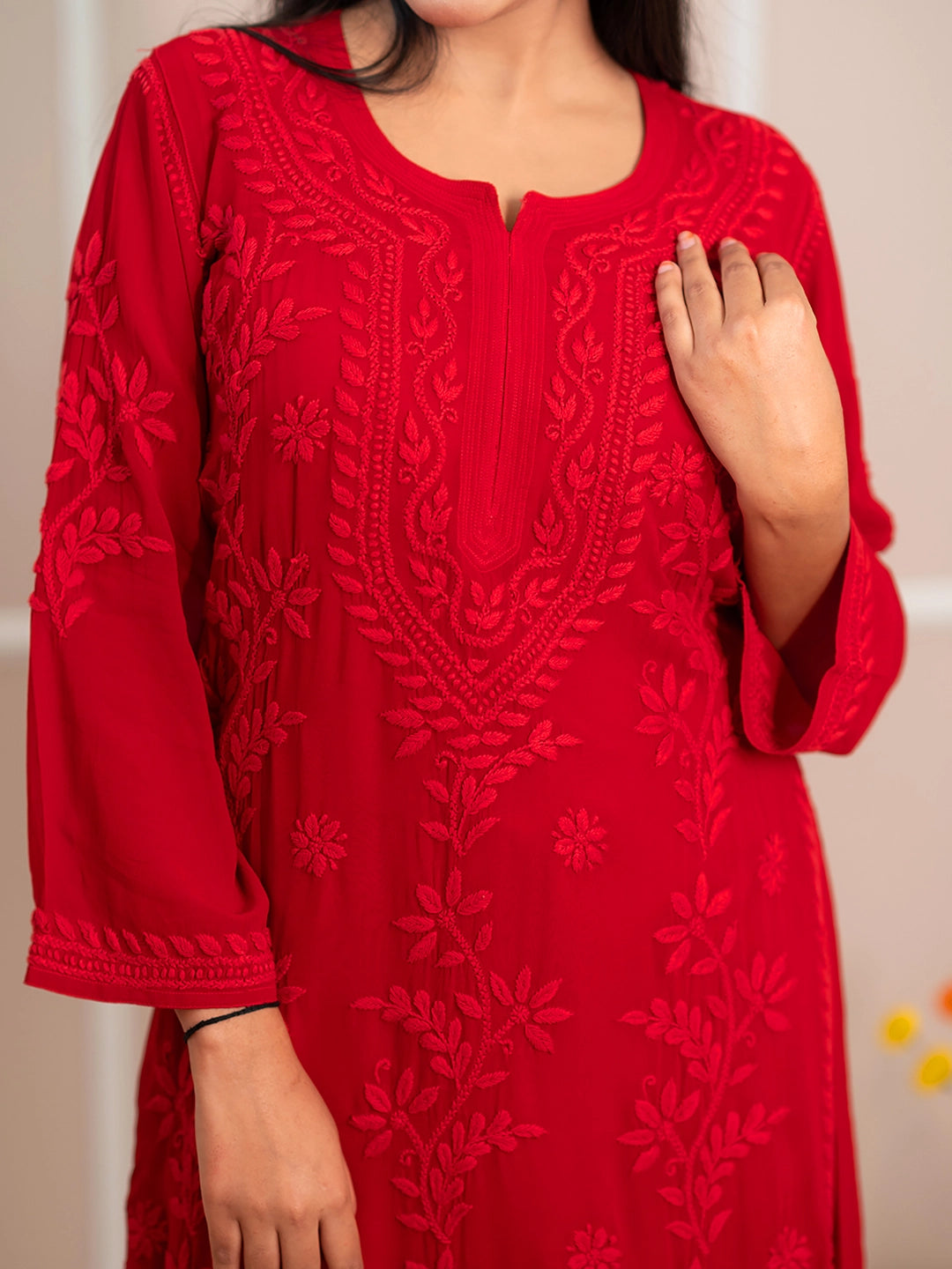 Red Noor-E-Chikan Viscose Chikankari Kurta Set