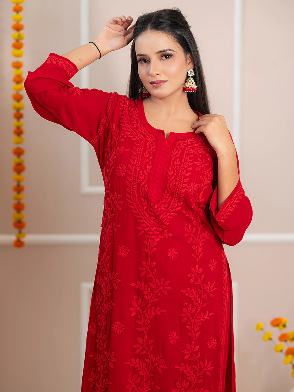 Red Noor-E-Chikan Viscose Chikankari Kurta Set