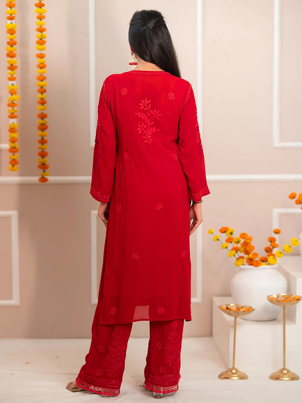 Red Noor-E-Chikan Viscose Chikankari Kurta Set