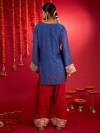 Noorani blue Mul Chanderi Chikankari short kurti with red Farshi bottoms and dupatta