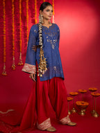 Noorani blue Mul Chanderi Chikankari short kurti with red Farshi bottoms and dupatta