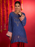 Noorani blue Mul Chanderi Chikankari short kurti with red Farshi bottoms and dupatta