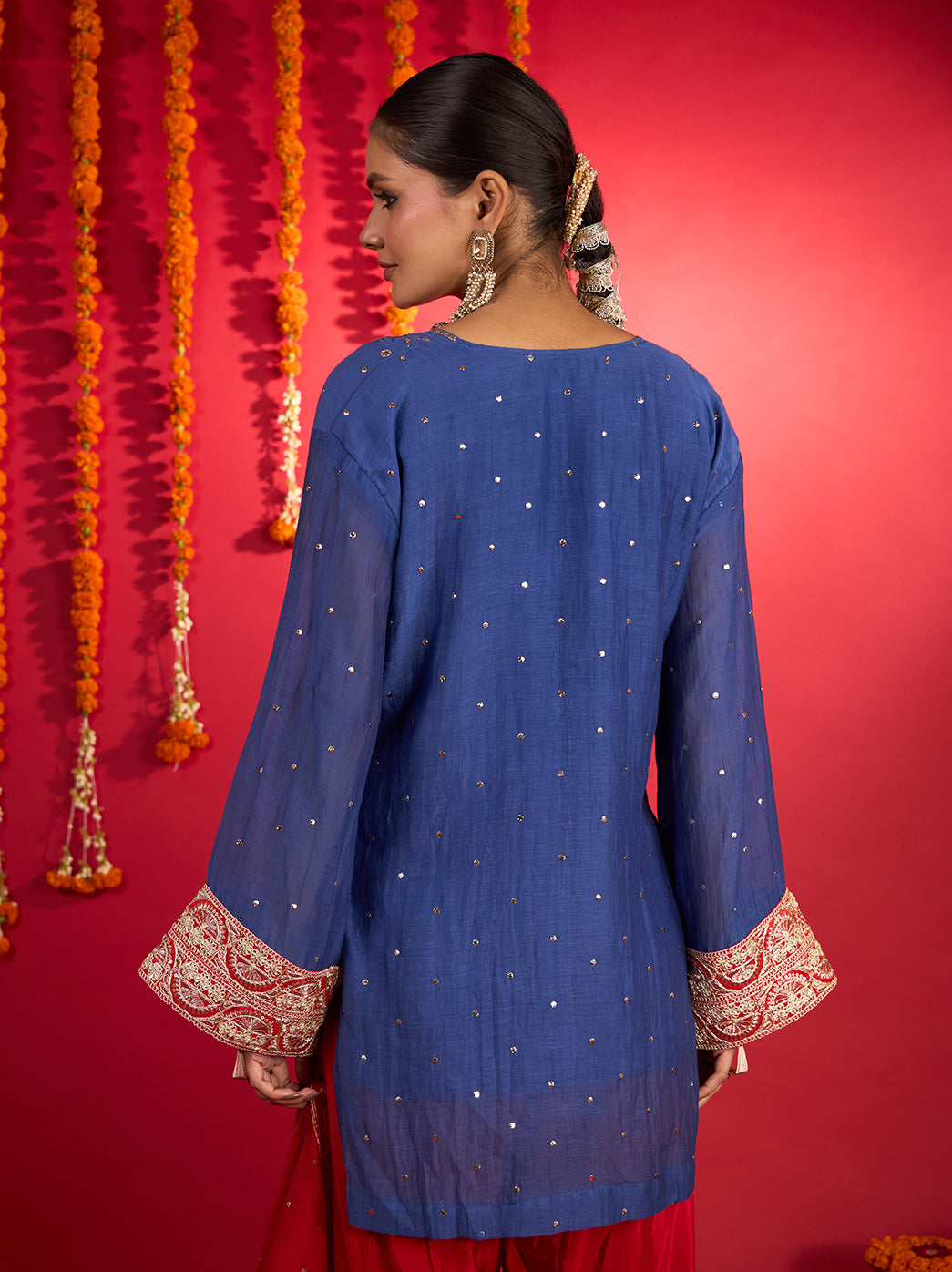 Noorani blue Mul Chanderi Chikankari short kurti with red Farshi bottoms and dupattavv