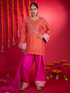 Noorani coral Mul Chanderi Chikankari short kurti with fuschia pink Farshi bottoms and dupatta