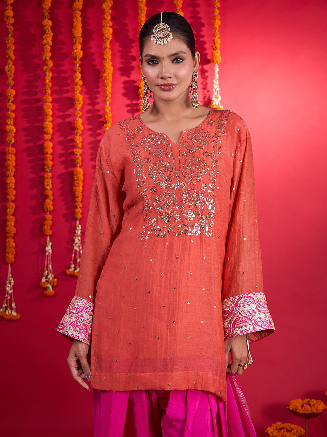 Noorani coral Mul Chanderi Chikankari short kurti with fuschia pink Farshi bottoms and dupatta
