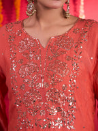 Noorani coral Mul Chanderi Chikankari short kurti with fuschia pink Farshi bottoms and dupatta