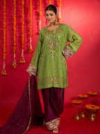 Noorani green Mul Chanderi Chikankari short kurti with wine Farshi bottoms and dupatta