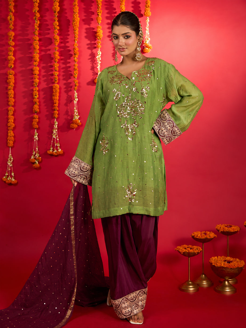 Noorani green Mul Chanderi Chikankari short kurti with wine Farshi bottoms and dupatta