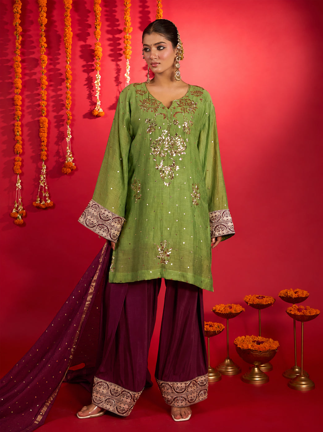 Noorani green Mul Chanderi Chikankari short kurti with wine Farshi bottoms and dupatta