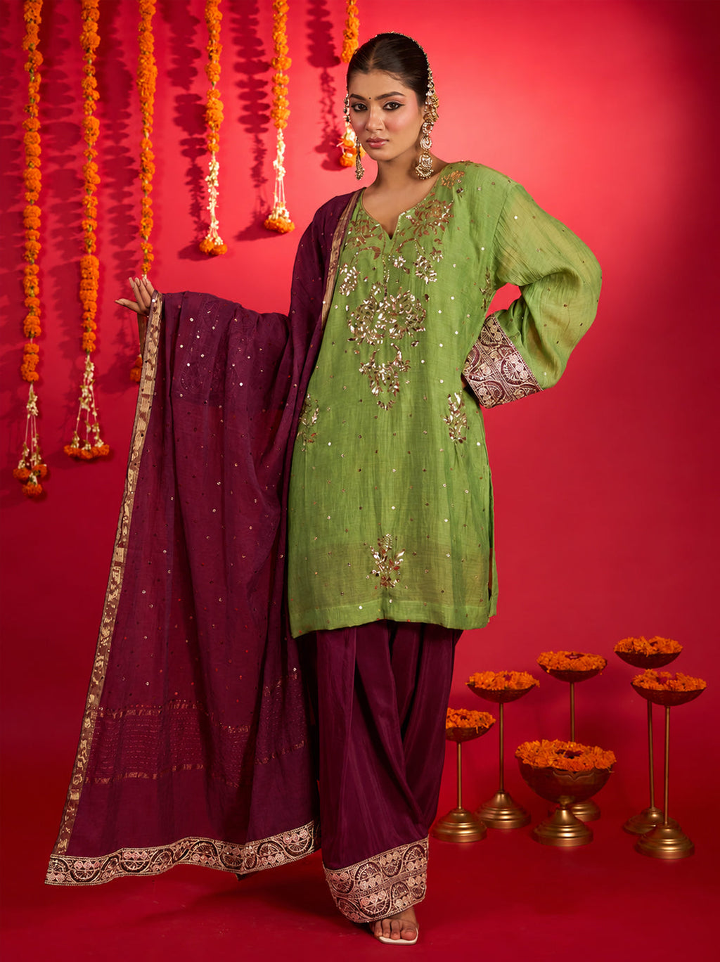 Noorani green Mul Chanderi Chikankari short kurti with wine Farshi bottoms and dupatta