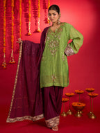 Noorani green Mul Chanderi Chikankari short kurti with wine Farshi bottoms and dupatta