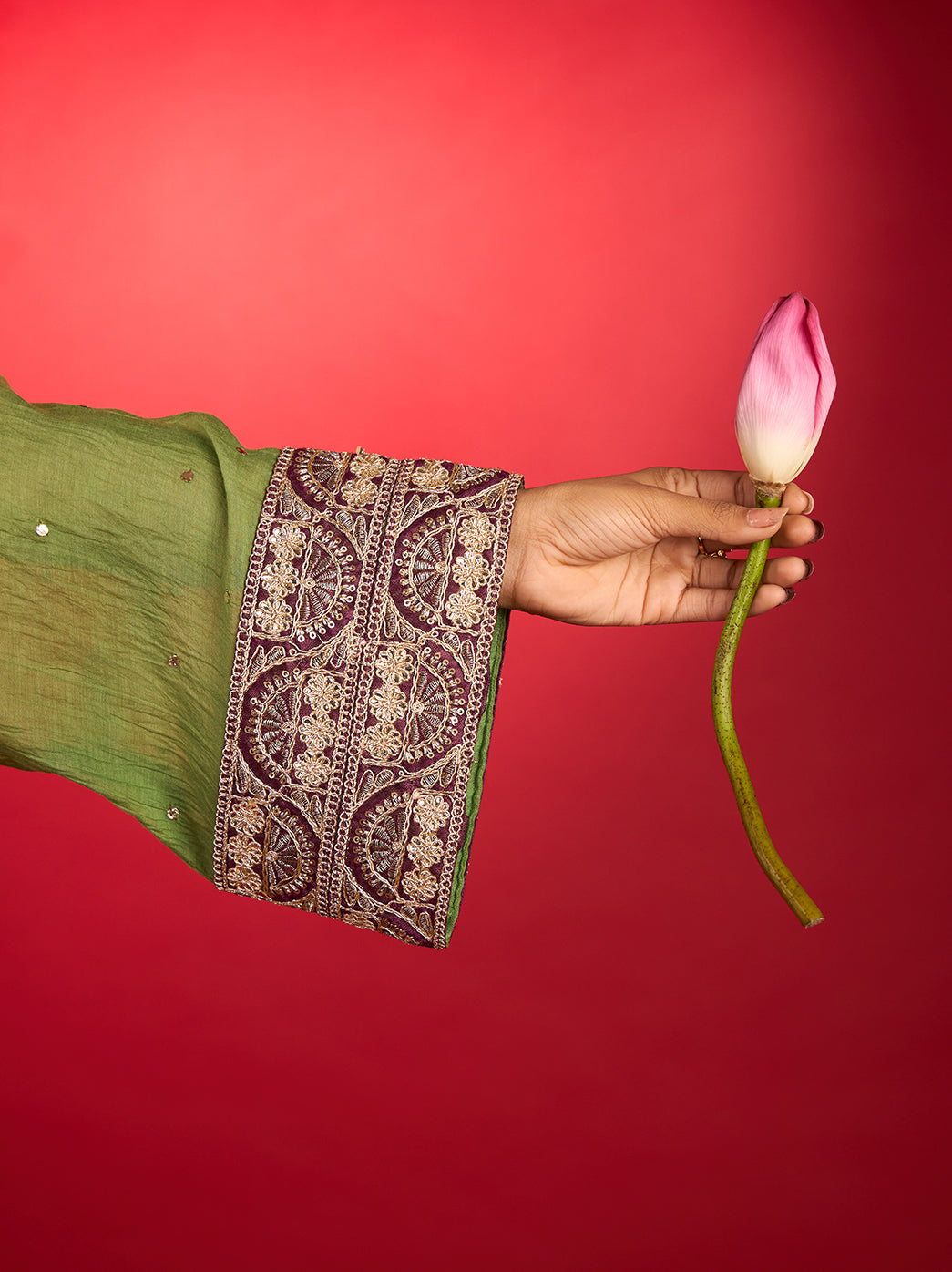 Noorani green Mul Chanderi Chikankari short kurti with wine Farshi bottoms and dupatta