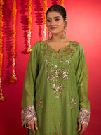 Noorani green Mul Chanderi Chikankari short kurti with wine Farshi bottoms and dupatta