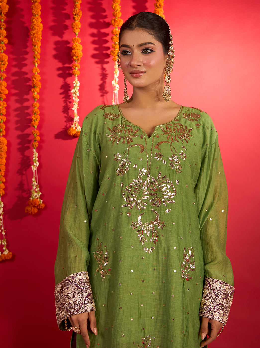 Noorani green Mul Chanderi Chikankari short kurti with wine Farshi bottoms and dupatta