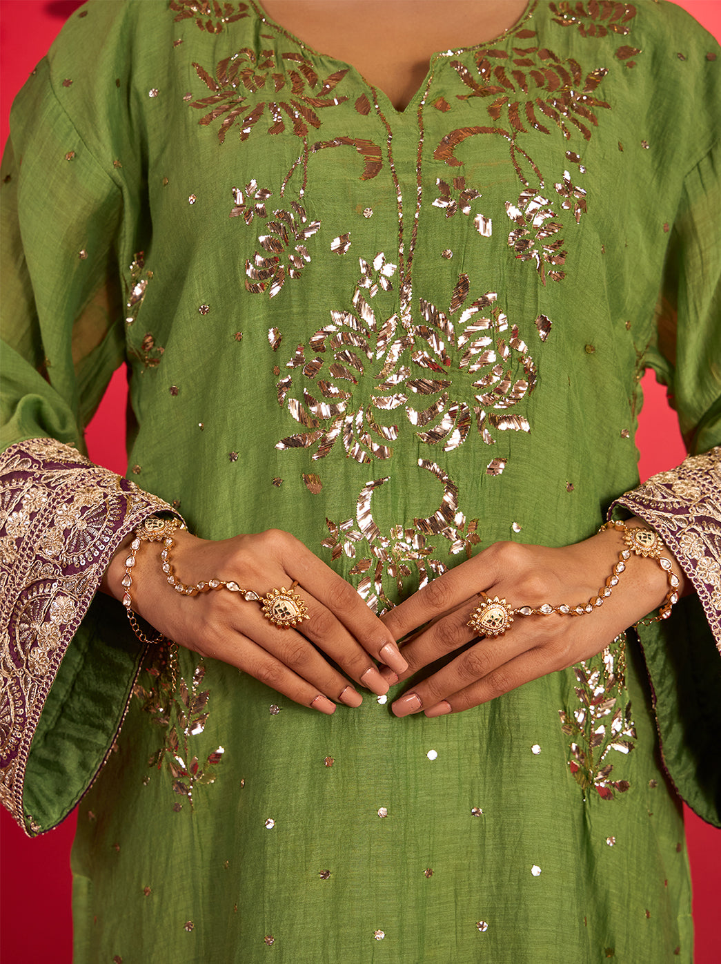Noorani green Mul Chanderi Chikankari short kurti with wine Farshi bottoms and dupatta