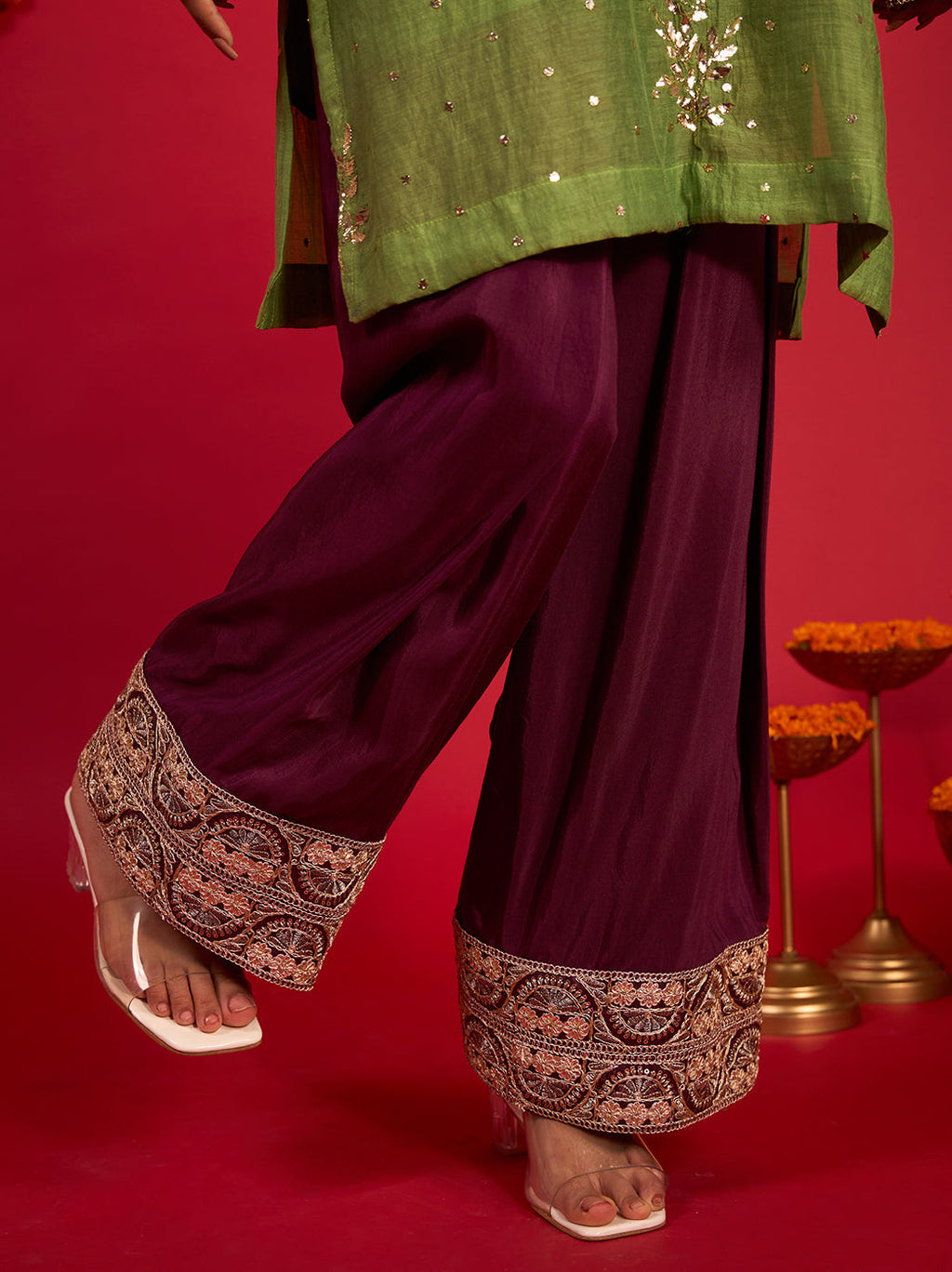 Noorani green Mul Chanderi Chikankari short kurti with wine Farshi bottoms and dupatta