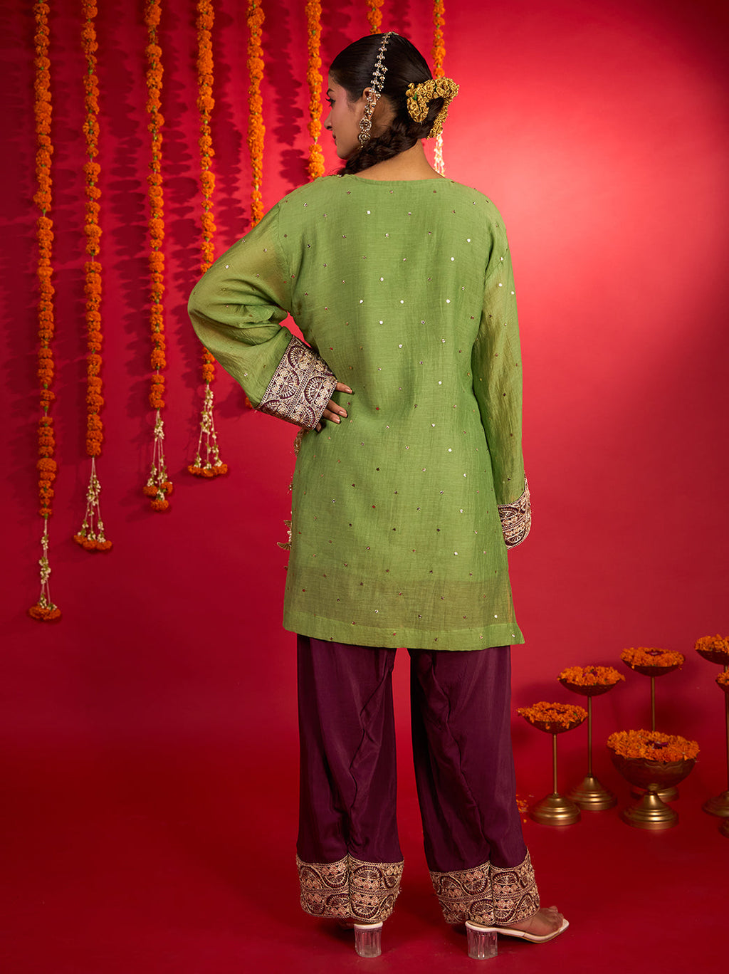 Noorani green Mul Chanderi Chikankari short kurti with wine Farshi bottoms and dupatta