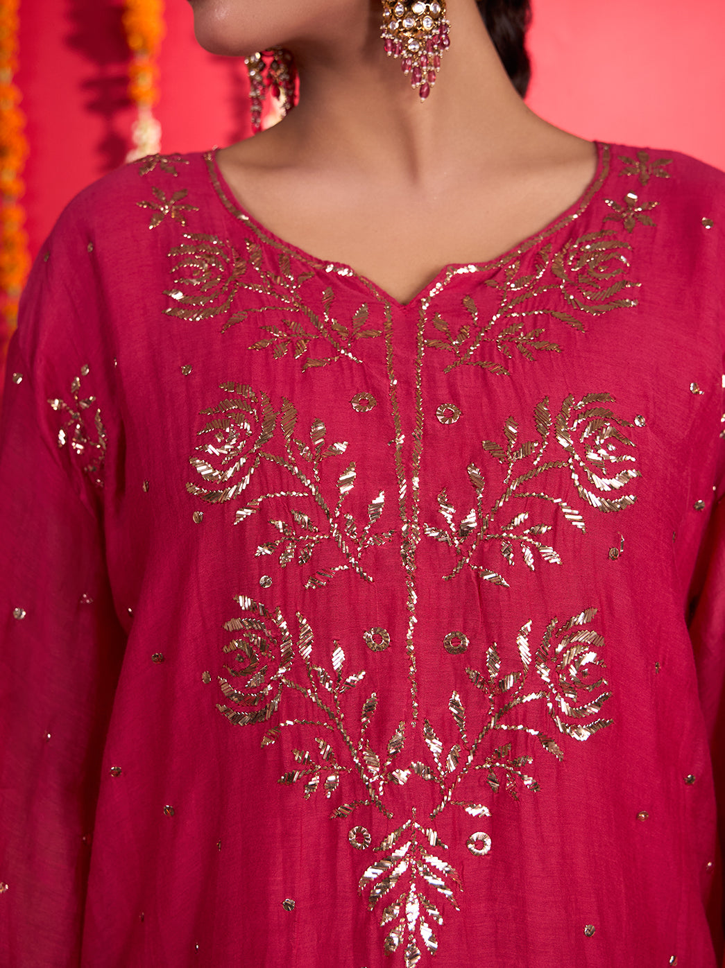 Noorani Rani Pink Mul Chanderi Chikankari short kurti with olive green Farshi bottoms and dupatta