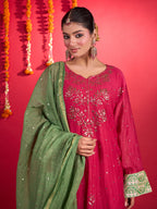 Noorani Rani Pink Mul Chanderi Chikankari short kurti with olive green Farshi bottoms and dupatta