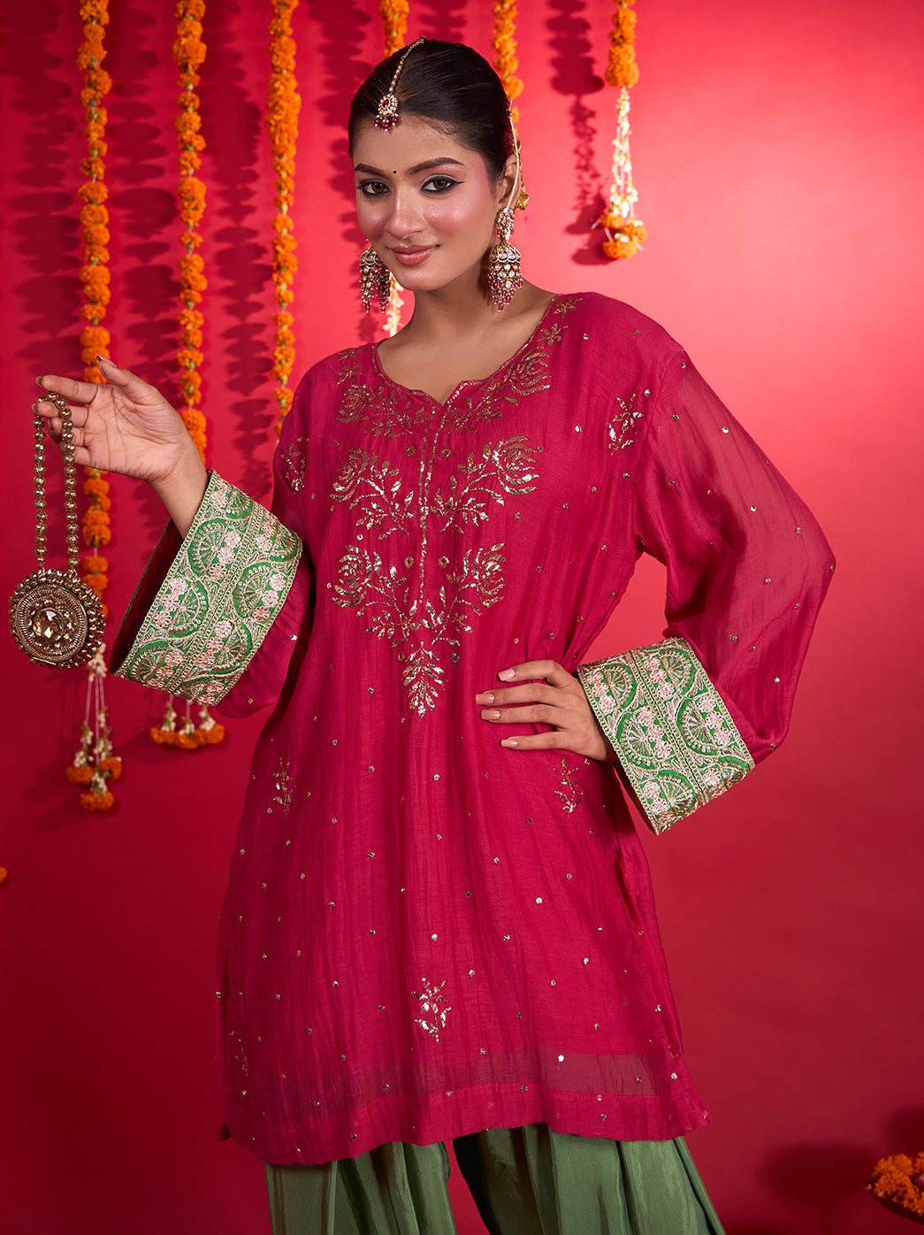 Noorani Rani Pink Mul Chanderi Chikankari short kurti with olive green Farshi bottoms and dupatta