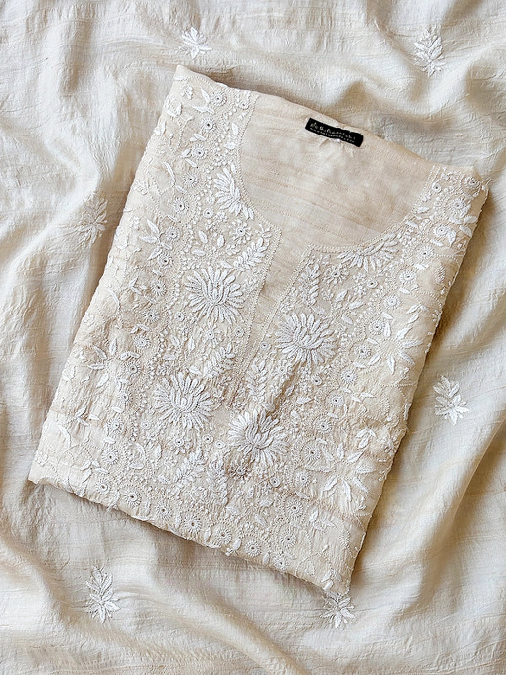 Off White Tussar Silk Chikankari Un-stitched Kurti Piece with Dupatta