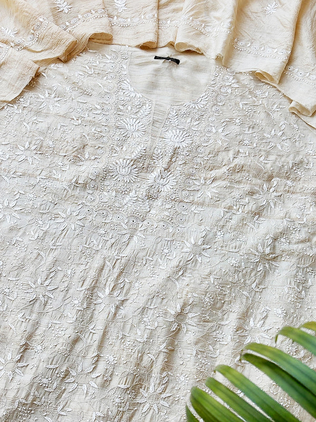 Off White Tussar Silk Chikankari Un-stitched Kurti Piece with Dupatta