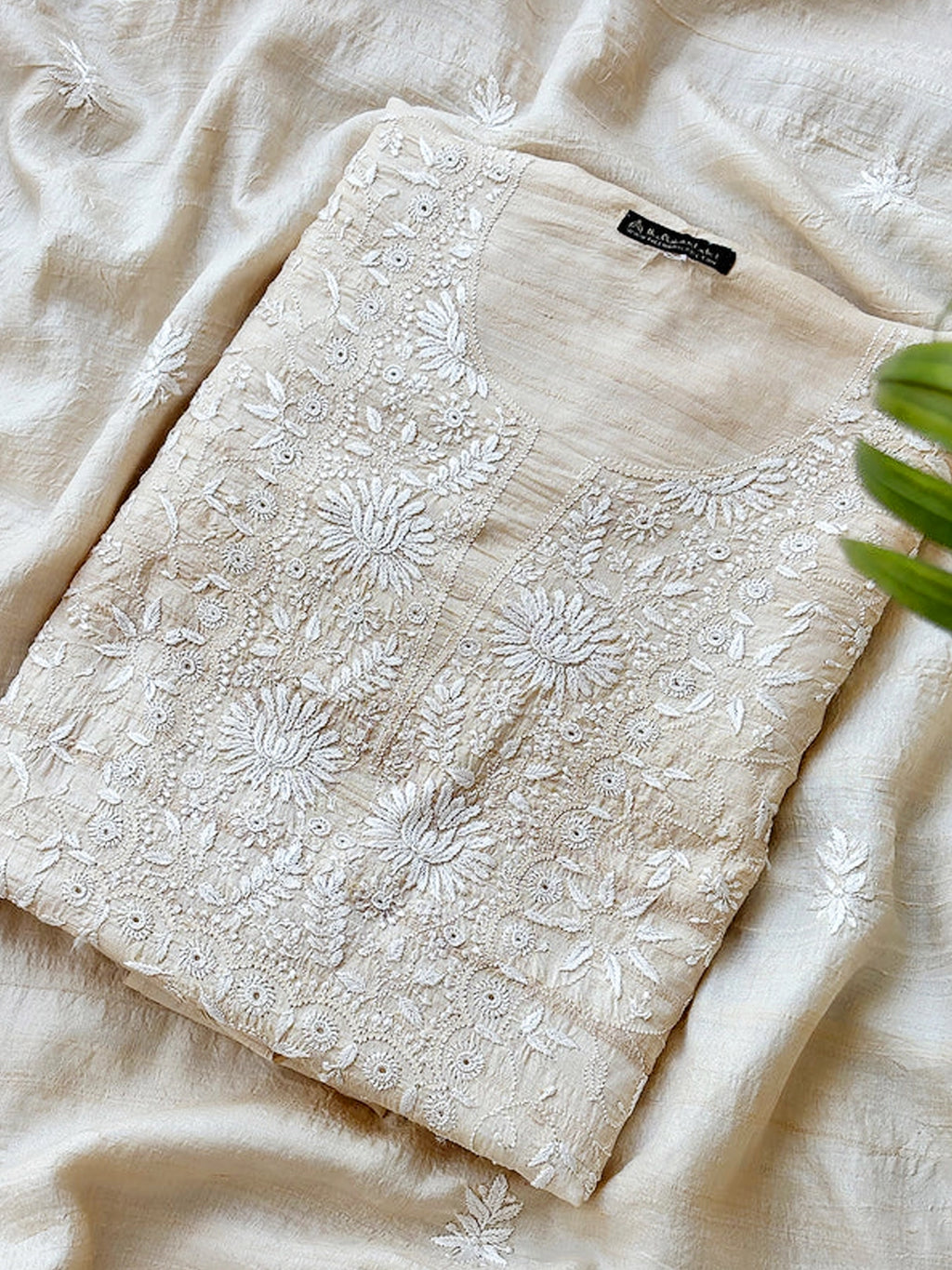 Off White Tussar Silk Chikankari Un-stitched Kurti Piece with Dupatta