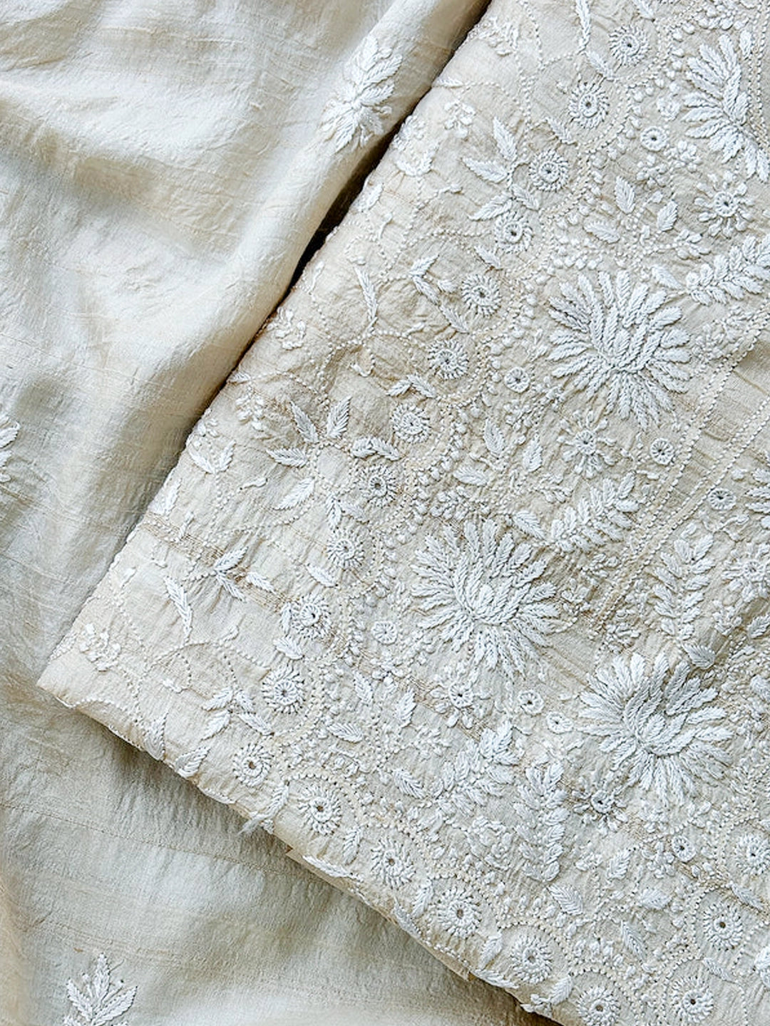 Off White Tussar Silk Chikankari Un-stitched Kurti Piece with Dupatta