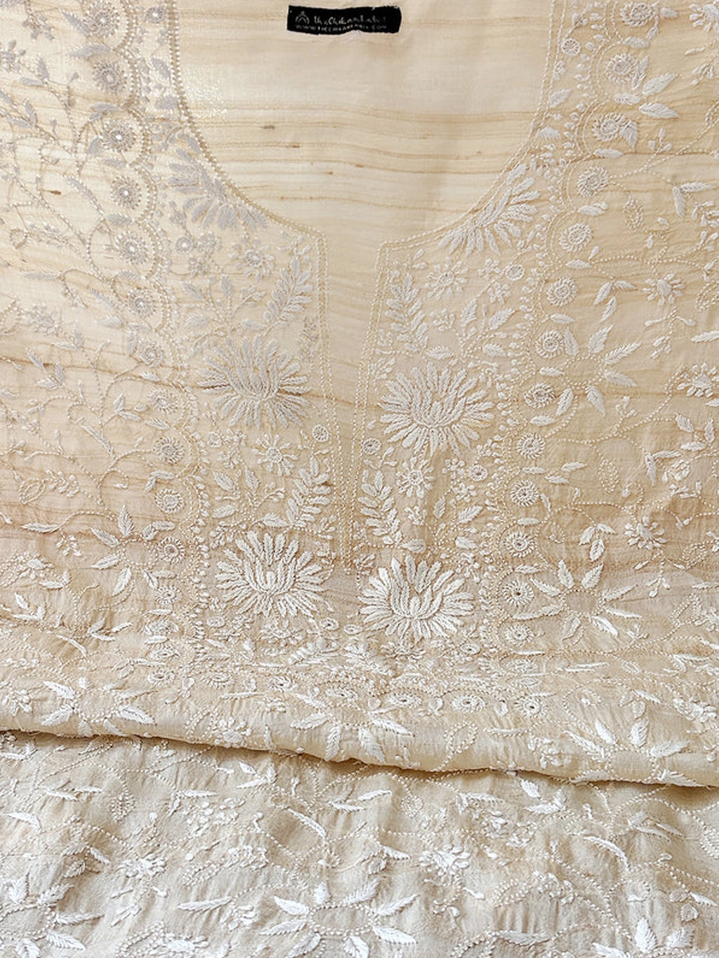 Off White Tussar Silk Chikankari Un-stitched Kurti Piece with Dupatta