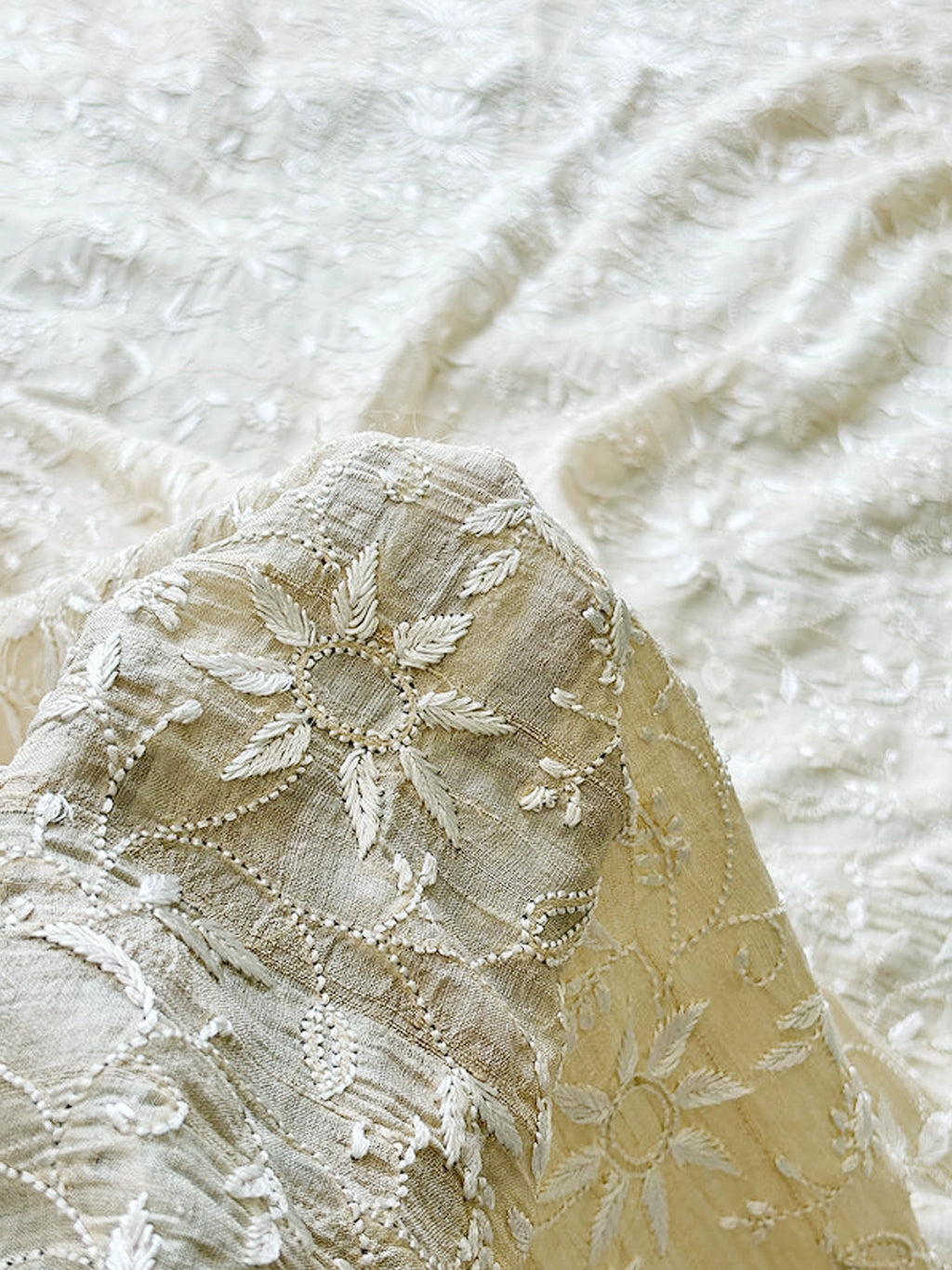 Off White Tussar Silk Chikankari Un-stitched Kurti Piece with Dupatta