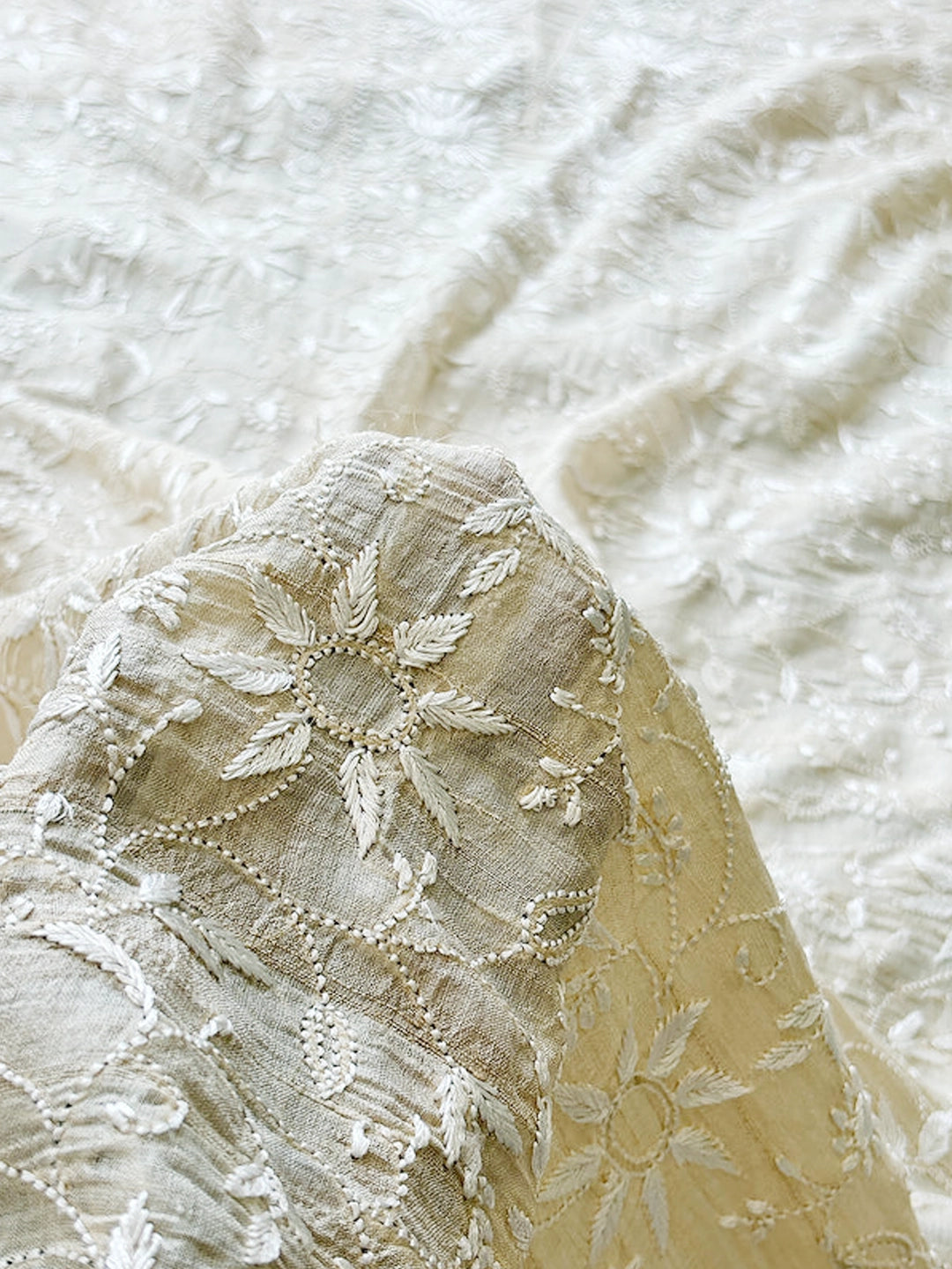 Off White Tussar Silk Chikankari Un-stitched Kurti Piece with Dupatta